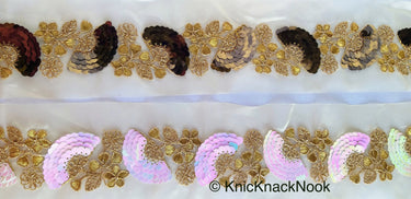 Gold Sheer Fabric Trim With Antique Gold Floral Embroidery And Pink White Two Tone Sequins Embellishments, Approx. 95mm Wide - 210119L124